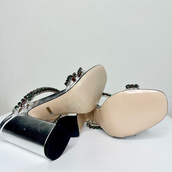 NEW GUCCI Bertie Nappa Leather Crystal High Heel Strappy Sandals Size 37 Silver - Picture 7 of 9